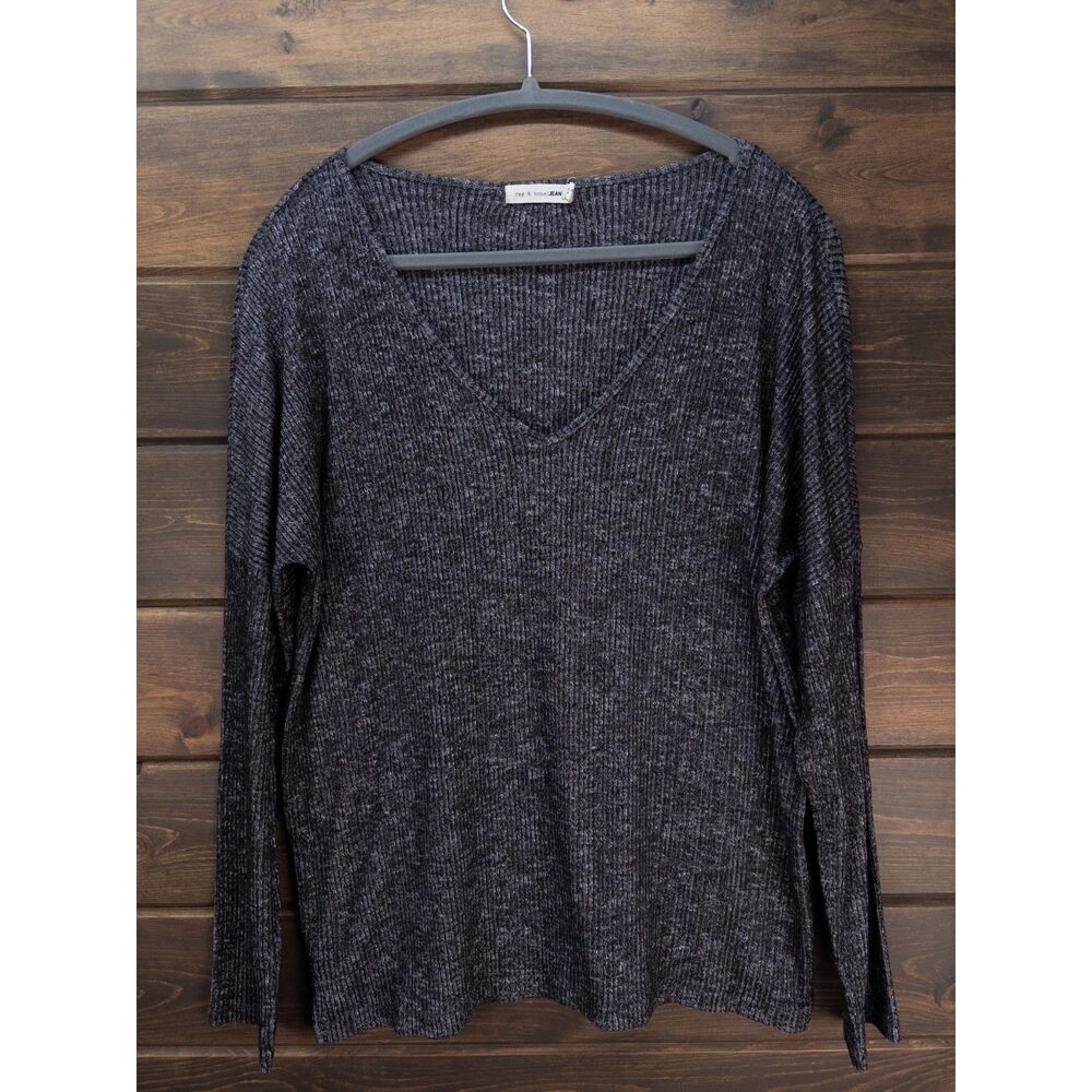 Rag & Bone/JEAN Heather Black Ribbed V-Neck Long Sleeve Top Large